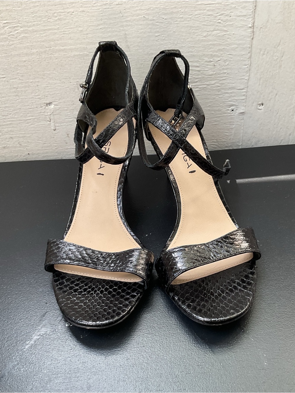 Via Spiga Black Tiara Snake-Embossed Strappy Heels